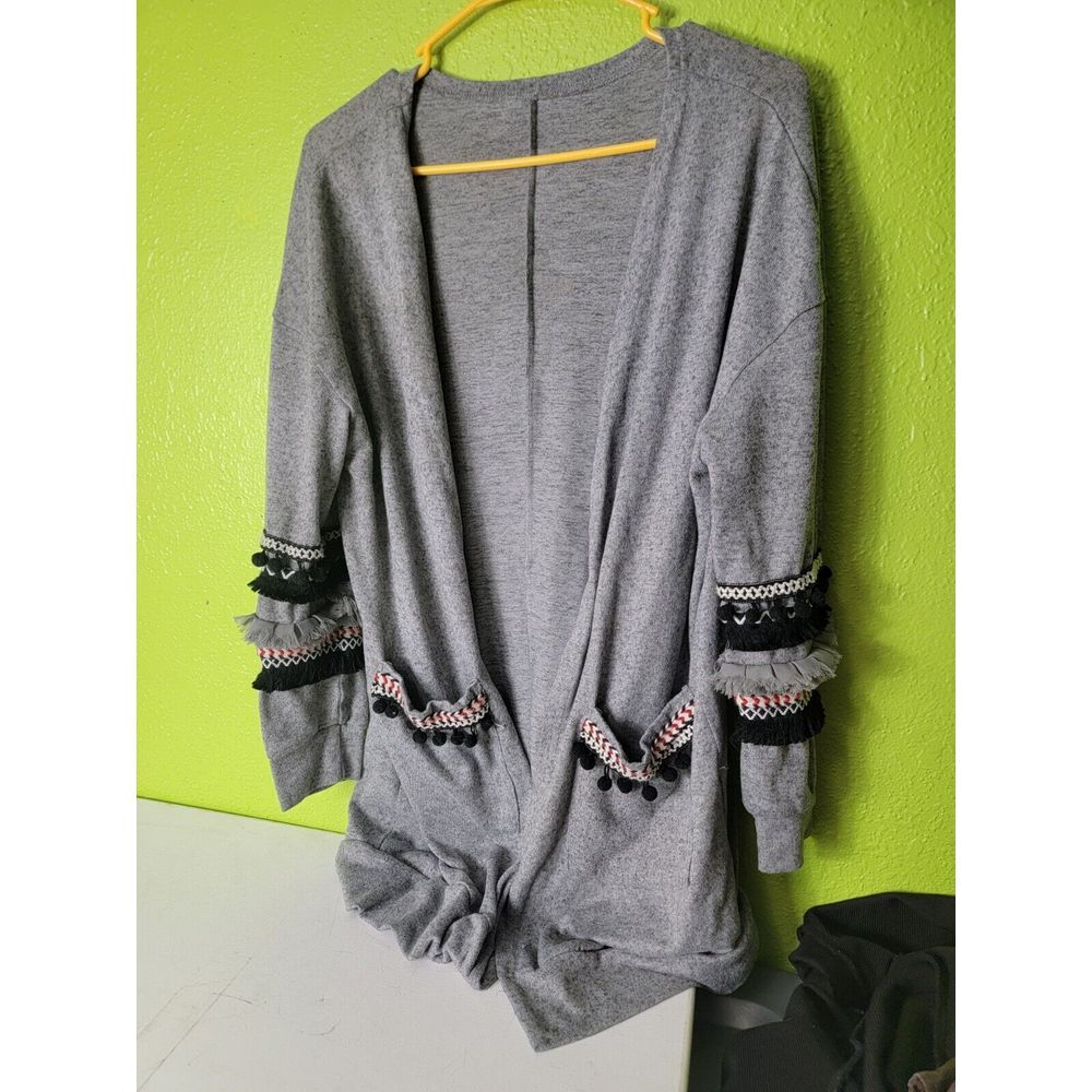 Womens Gray Cardigan Sweatshirt‎ Shein With Black/red Arm Frills Size 4 Small
